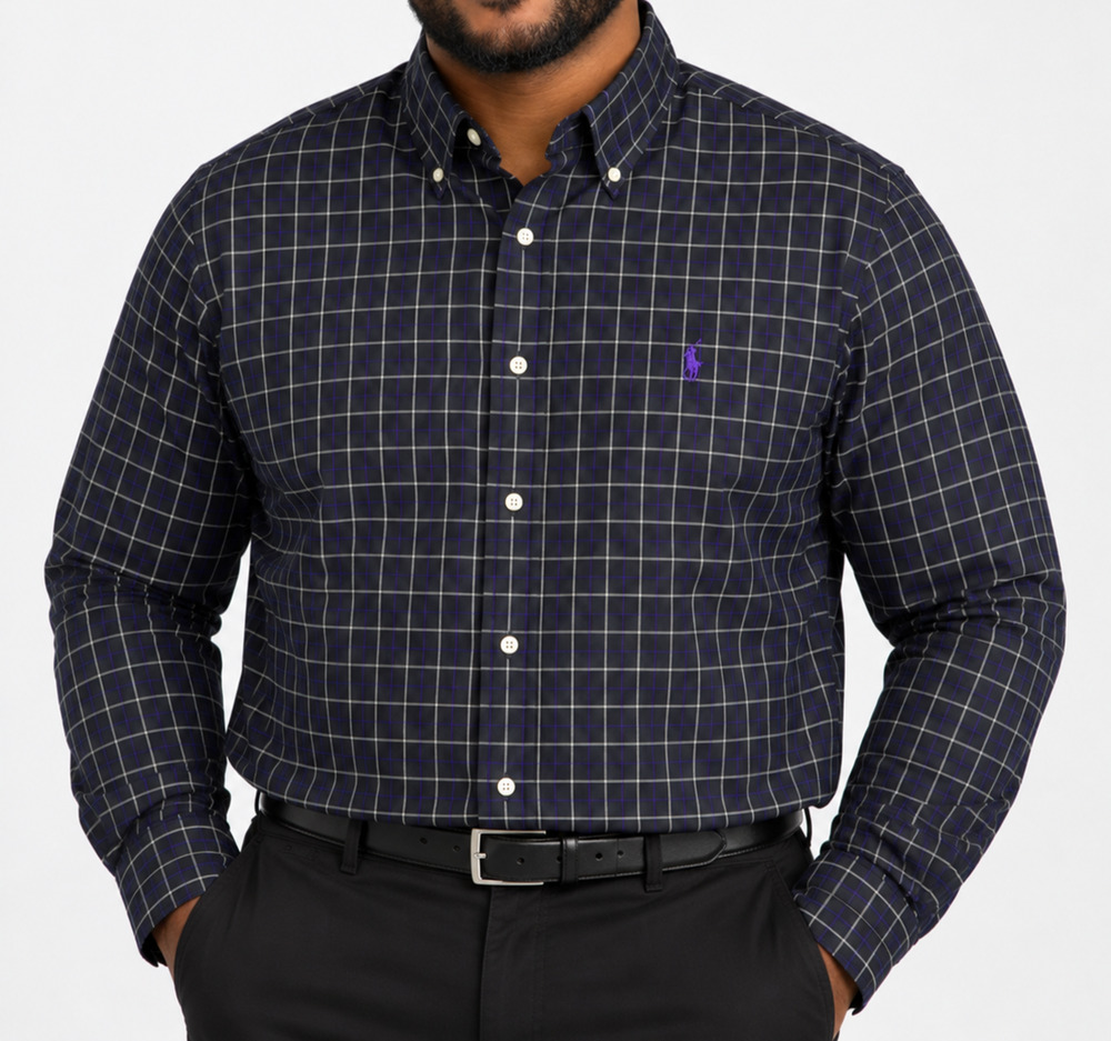 Ralph Lauren Polo Shirt Mens L Black Purple Plaid Check Business Casual Dress